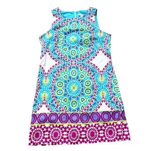 London Times Turquoise, Purple & Lime Abstract Printed Sleeveless Dress Cotton